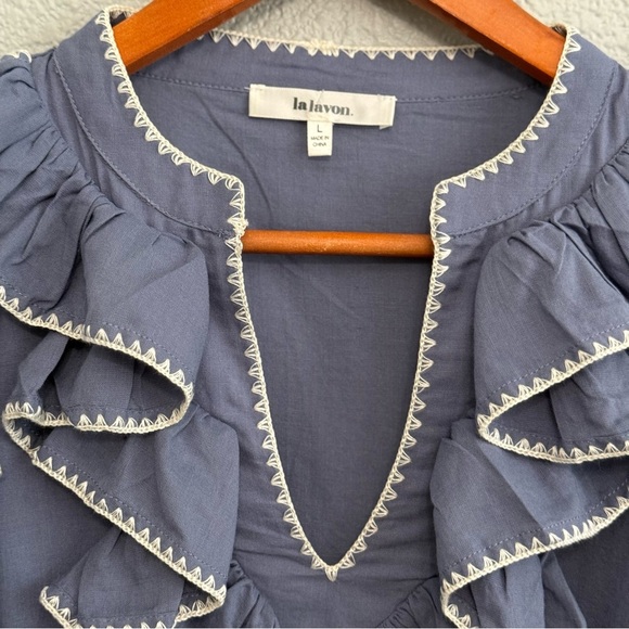 Dusty Blue Ruffle Short Sleeve V-neck Top NWOT - Picture 3 of 5